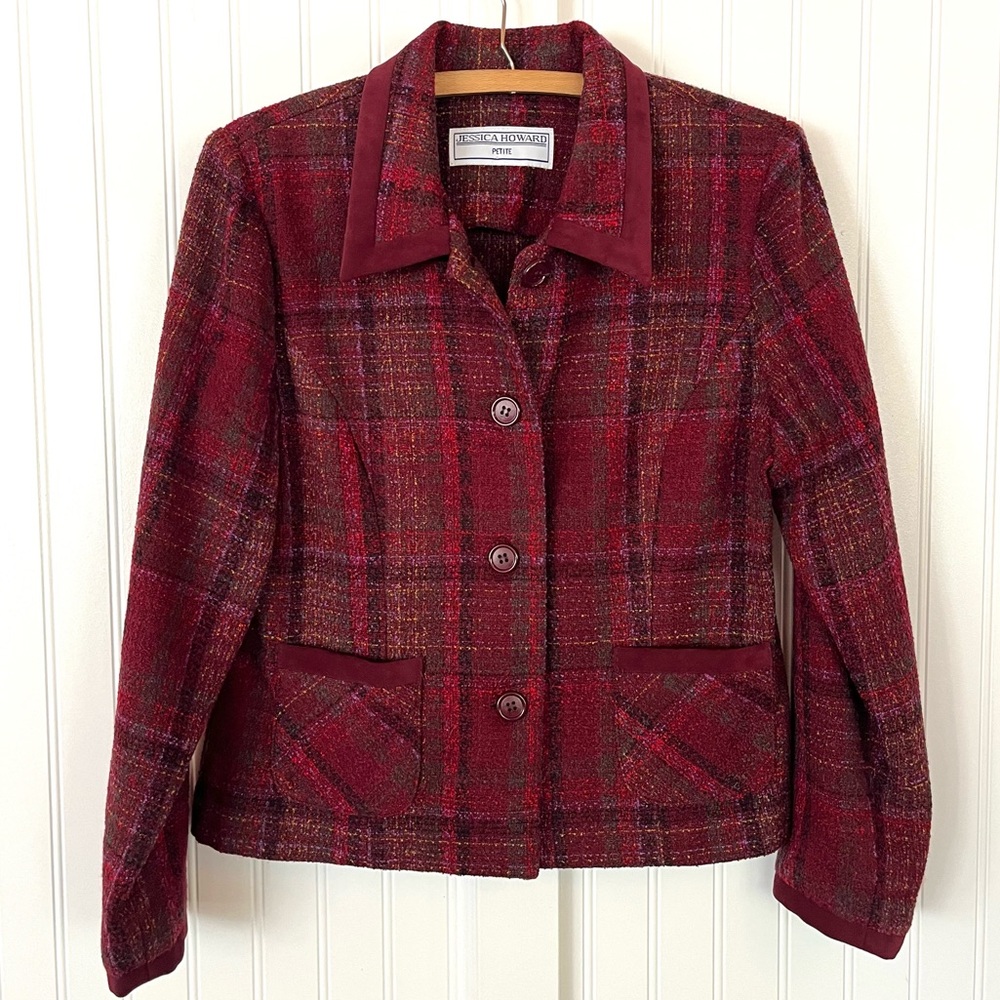 Vintage Maroon Plaid Tweed Blazer Purple Faux Suede Pockets Lined Colorful Large